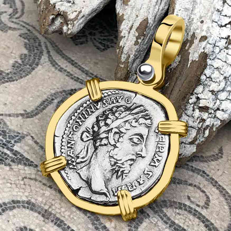 Roman Empire Silver Denarius Coin of Marcus Aurelius, the Philosopher Warrior 175 AD 14K Gold Pendant
