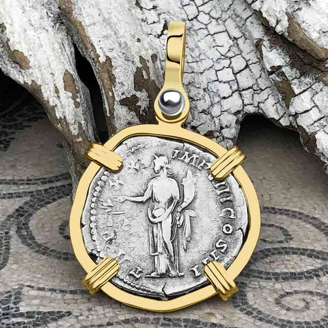 Roman Empire Silver Denarius Coin of Marcus Aurelius, the Philosopher Warrior 175 AD 14K Gold Pendant