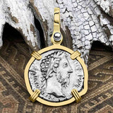 Roman Empire Silver Denarius Coin of Marcus Aurelius, the Philosopher Warrior 170 AD 14K Gold & Sterling Silver Pendant