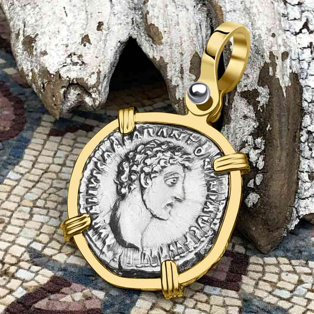 Roman Empire Silver Denarius Coin of Marcus Aurelius, the Philosopher Warrior 151 AD 14K Gold Pendant