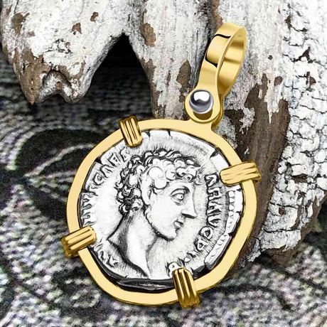 Roman Empire Silver Denarius Coin of Marcus Aurelius, the Philosopher Warrior 145 AD 14K Gold Pendant