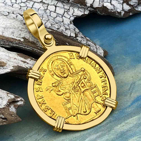Extremely Rare Byzantine Jesus Christ 24K Gold Solidus Coin Circa 867 AD 18K Gold Pendant 