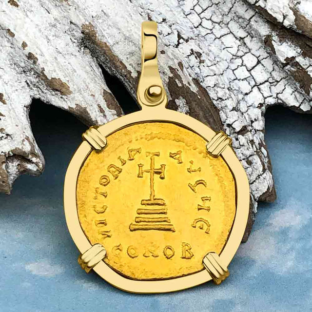 Byzantine Empire Victory Cross 24K Gold Solidus Coin Circa 613 AD in 18K Gold Pendant