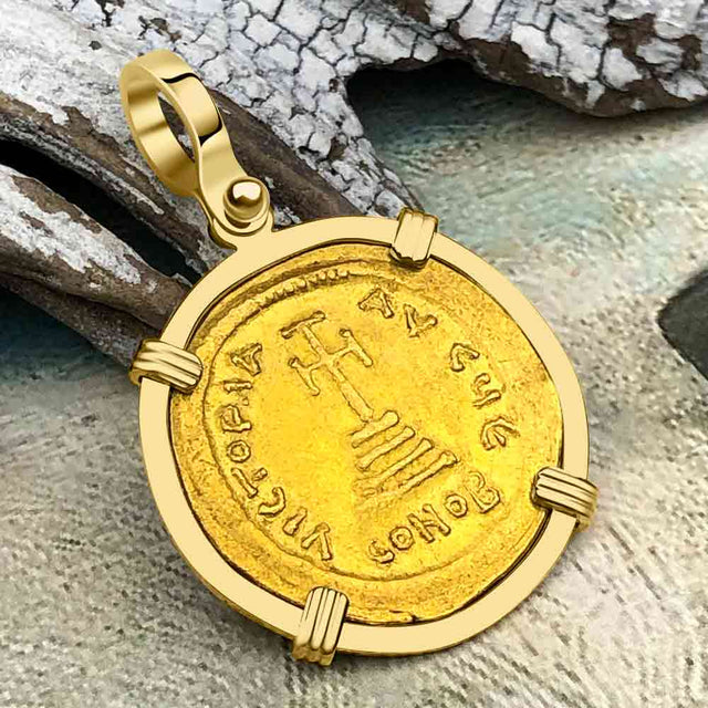 Byzantine Empire Victory Cross 24K Gold Solidus Coin Circa 613 AD in 18K Gold Pendant