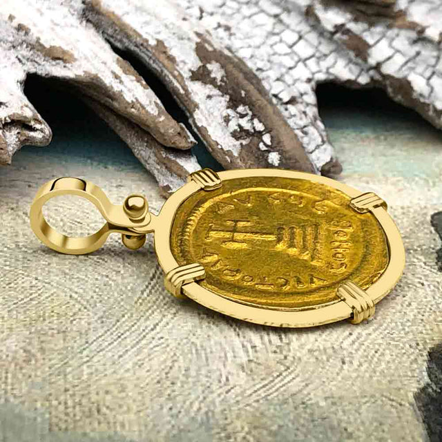 Byzantine Empire Victory Cross 24K Gold Solidus Coin Circa 613 AD in 18K Gold Pendant