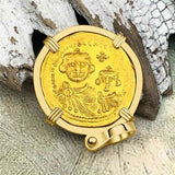 Byzantine Empire Victory Cross 24K Gold Solidus Coin Circa 613 AD in 18K Gold Pendant