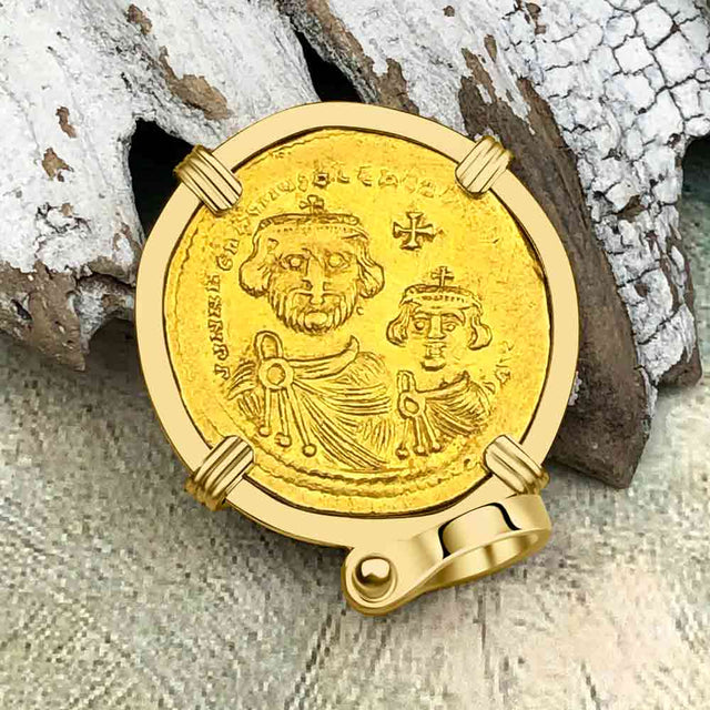 Byzantine Empire Victory Cross 24K Gold Solidus Coin Circa 613 AD in 18K Gold Pendant