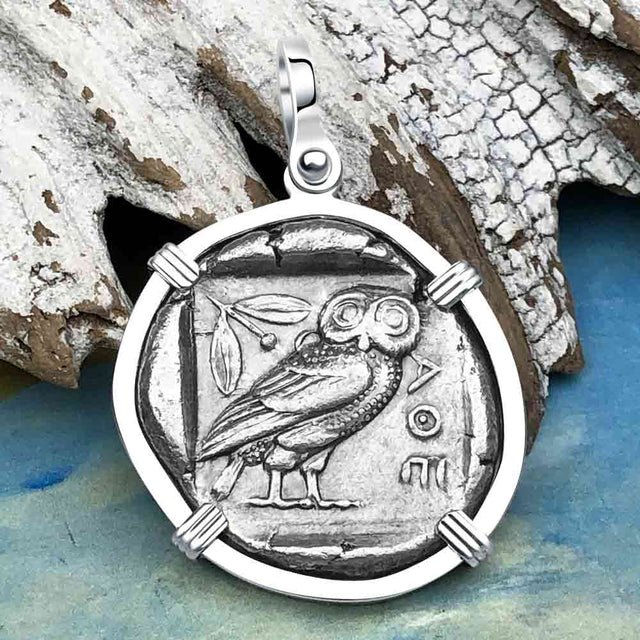 Ancient Greek Athena and the Owl Silver Tetradrachm circa 450 BC Sterling Silver Pendant
