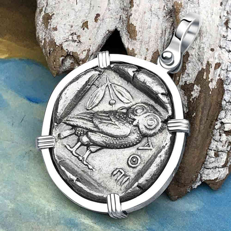Ancient Greek Athena and the Owl Silver Tetradrachm circa 450 BC Sterling Silver Pendant