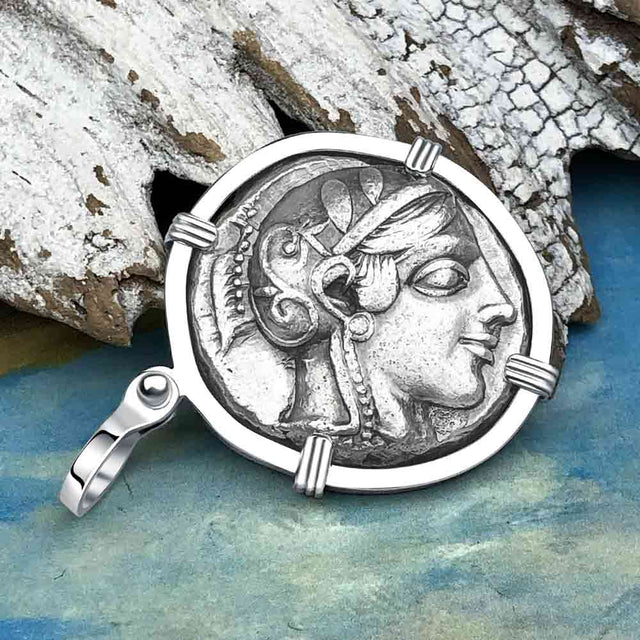 Ancient Greek Athena and the Owl Silver Tetradrachm circa 450 BC Sterling Silver Pendant