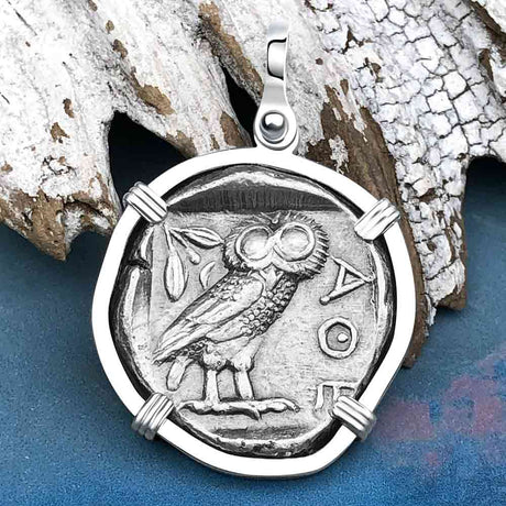 Ancient Greek Athena and the Owl Silver Tetradrachm circa 450 BC Sterling Silver Pendant