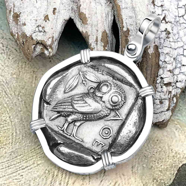 Ancient Greek Athena and the Owl Silver Tetradrachm circa 450 BC Sterling Silver Pendant