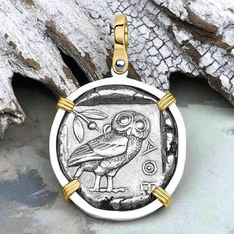 Ancient Greek Athena and the Owl Silver Tetradrachm circa 450 BC 14K Gold and Sterling Silver Pendant