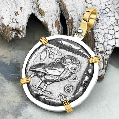 Ancient Greek Athena and the Owl Silver Tetradrachm circa 450 BC 14K Gold and Sterling Silver Pendant