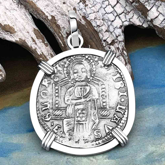 Venetian Jesus Christ Glory, Devotion & Courage Silver 1390 Grosso Coin 14K White Gold Pendant 