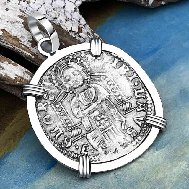 Venetian Jesus Christ Glory, Devotion & Courage Silver 1390 Grosso Coin 14K White Gold Pendant 