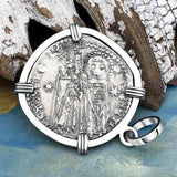 Venetian Jesus Christ Glory, Devotion & Courage Silver 1390 Grosso Coin 14K White Gold Pendant 