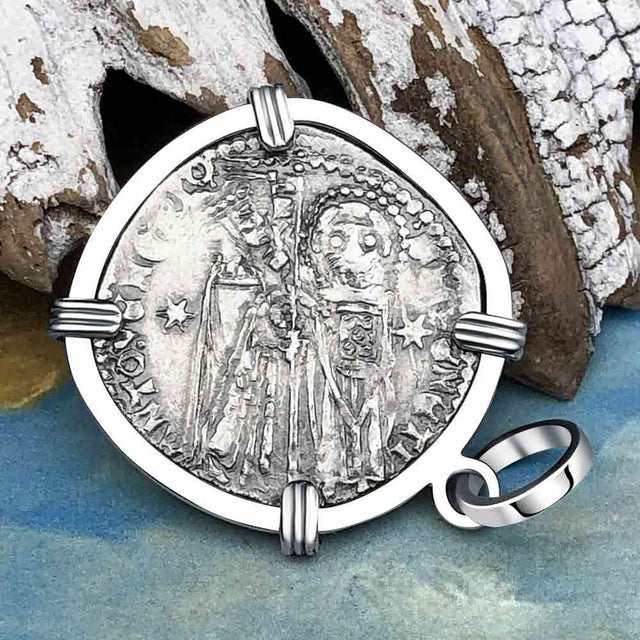 Venetian Jesus Christ Glory, Devotion & Courage Silver 1390 Grosso Coin 14K White Gold Pendant 