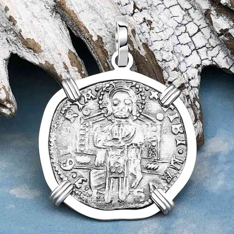Venetian Jesus Christ Glory, Devotion & Courage Silver 1390 Grosso Coin 14K White Gold Pendant 