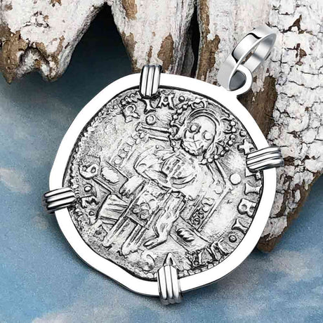 Venetian Jesus Christ Glory, Devotion & Courage Silver 1390 Grosso Coin 14K White Gold Pendant 