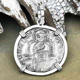 Venetian Jesus Christ Glory, Devotion & Courage Silver 1390 Grosso Coin 14K White Gold Pendant 