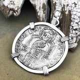 Venetian Jesus Christ Glory, Devotion & Courage Silver 1390 Grosso Coin 14K White Gold Pendant 