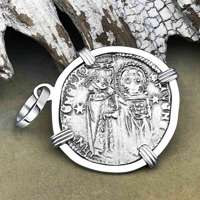 Venetian Jesus Christ Glory, Devotion & Courage Silver 1390 Grosso Coin 14K White Gold Pendant 