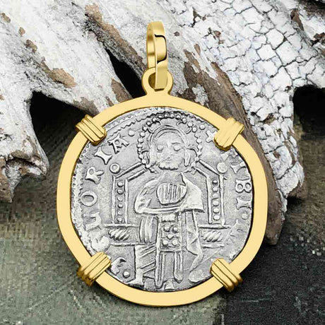 Venetian Jesus Christ Glory, Devotion & Courage Silver 1390 Grosso Coin 14K Gold Pendant 