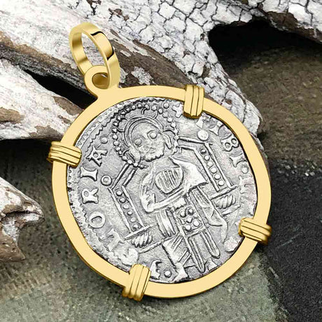 Venetian Jesus Christ Glory, Devotion & Courage Silver 1390 Grosso Coin 14K Gold Pendant 