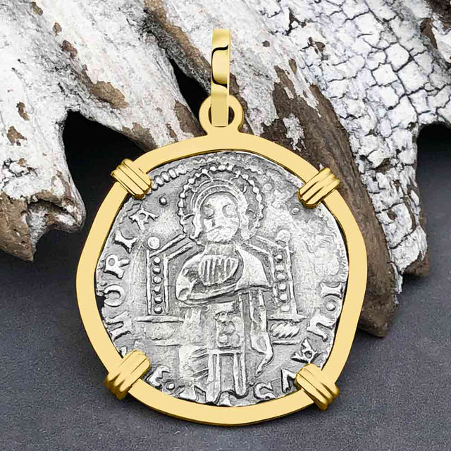 Venetian Jesus Christ Glory, Devotion & Courage Silver 1390 Grosso Coin 14K Gold Pendant 