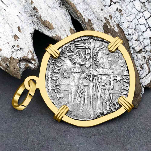 Venetian Jesus Christ Glory, Devotion & Courage Silver 1390 Grosso Coin 14K Gold Pendant 