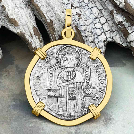 Venetian Jesus Christ Glory, Devotion & Courage Silver 1390 Grosso Coin 14K Gold Pendant