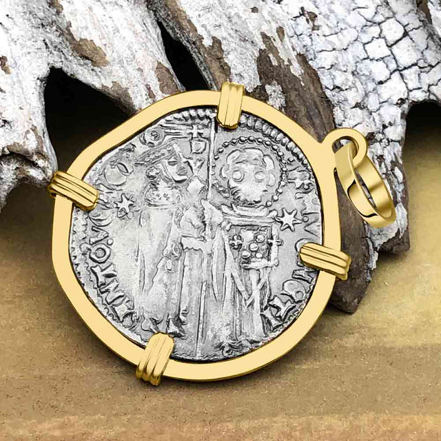 Venetian Jesus Christ Glory, Devotion & Courage Silver 1390 Grosso Coin 14K Gold Pendant