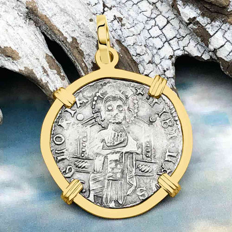 Venetian Jesus Christ Glory, Devotion & Courage Silver 1390 Grosso Coin 14K Gold Pendant