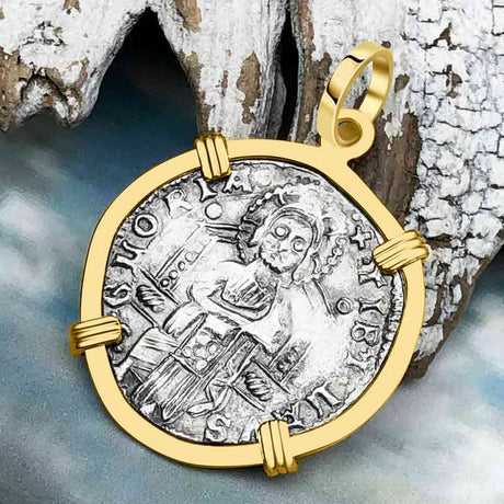 Venetian Jesus Christ Glory, Devotion & Courage Silver 1390 Grosso Coin 14K Gold Pendant