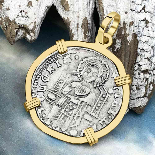 Venetian Jesus Christ Glory, Devotion & Courage Silver Zero-Die Axis 1390 Grosso Coin 14K Gold Pendant