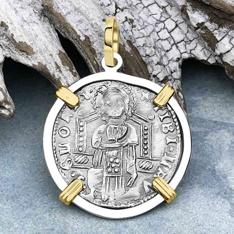 Venetian Jesus Christ Glory, Devotion & Courage Silver 1390 Grosso Coin 14K Gold and Sterling Silver Pendant