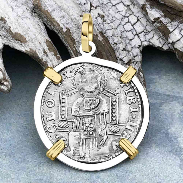 Venetian Jesus Christ Glory, Devotion & Courage Silver 1390 Grosso Coin 14K Gold and Sterling Silver Pendant
