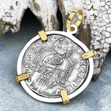 Venetian Jesus Christ Glory, Devotion & Courage Silver 1390 Grosso Coin 14K Gold and Sterling Silver Pendant