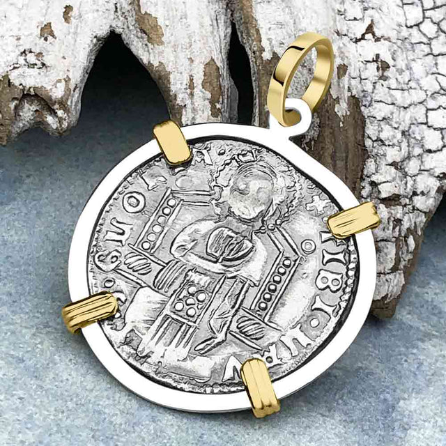 Venetian Jesus Christ Glory, Devotion & Courage Silver 1390 Grosso Coin 14K Gold and Sterling Silver Pendant