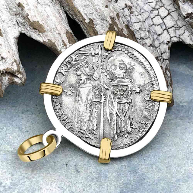Venetian Jesus Christ Glory, Devotion & Courage Silver 1390 Grosso Coin 14K Gold and Sterling Silver Pendant