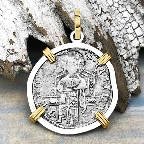 Venetian Jesus Christ Glory, Devotion & Courage Silver 1390 Grosso Coin 14K Gold and Sterling Silver Pendant