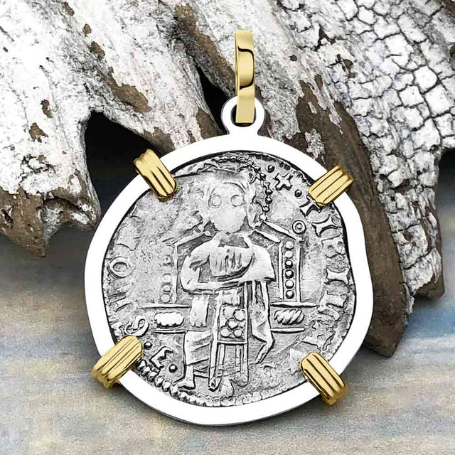 Venetian Jesus Christ Glory, Devotion & Courage Silver 1390 Grosso Coin 14K Gold and Sterling Silver Pendant