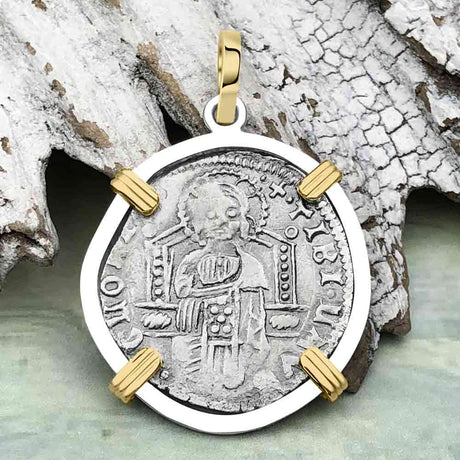 Venetian Jesus Christ Glory, Devotion & Courage Silver 1390 Grosso Coin 14K Gold and Sterling Silver Pendant