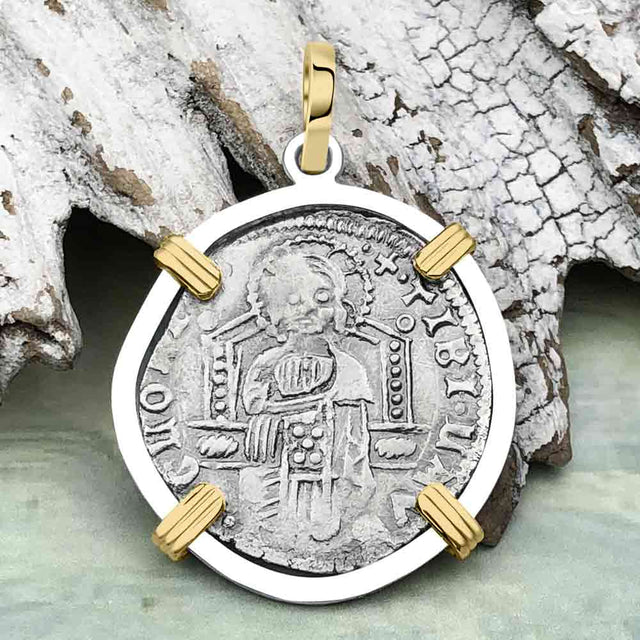 Venetian Jesus Christ Glory, Devotion & Courage Silver 1390 Grosso Coin 14K Gold and Sterling Silver Pendant