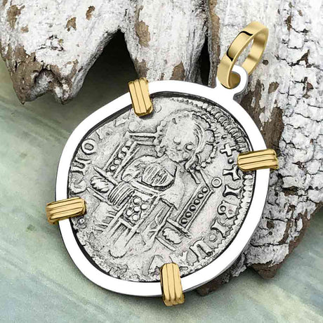 Venetian Jesus Christ Glory, Devotion & Courage Silver 1390 Grosso Coin 14K Gold and Sterling Silver Pendant