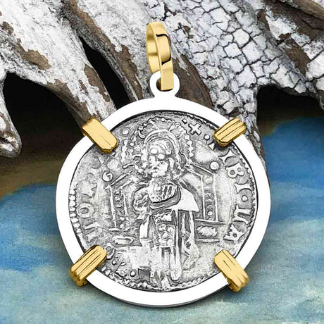 Venetian Jesus Christ Glory, Devotion & Courage Silver 1390 Grosso Coin 14K Gold and Sterling Silver Pendant