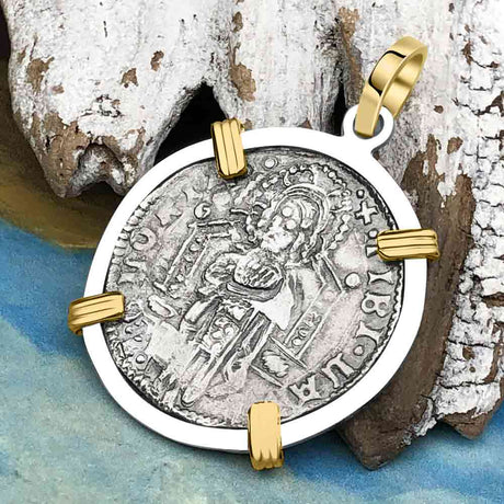 Venetian Jesus Christ Glory, Devotion & Courage Silver 1390 Grosso Coin 14K Gold and Sterling Silver Pendant