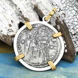 Venetian Jesus Christ Glory, Devotion & Courage Silver 1390 Grosso Coin 14K Gold and Sterling Silver Pendant