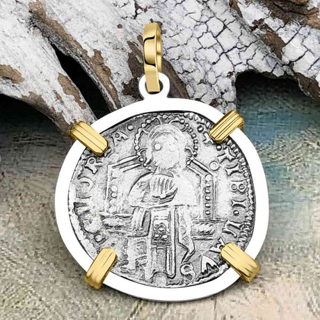 Venetian Jesus Christ Glory, Devotion & Courage Silver Zero-Die Axis 1390 Grosso Coin 14K Gold and Sterling Silver Pendant 